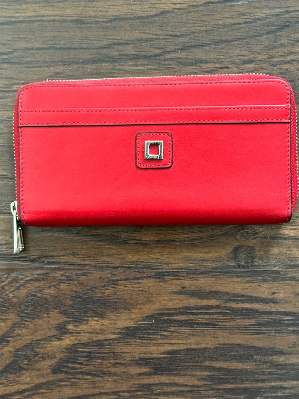 Lodis ❤️ Red Zip-Around Leather Wallet with Square Logo Plaque